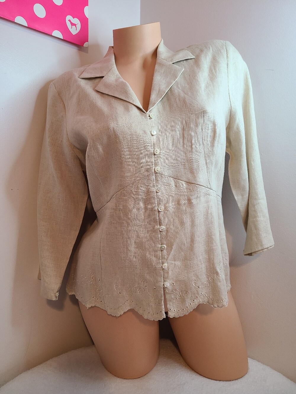 Vintage Valerie Stevens 100% Linen Eyelet Embroidered Button Down Blouse Size PL